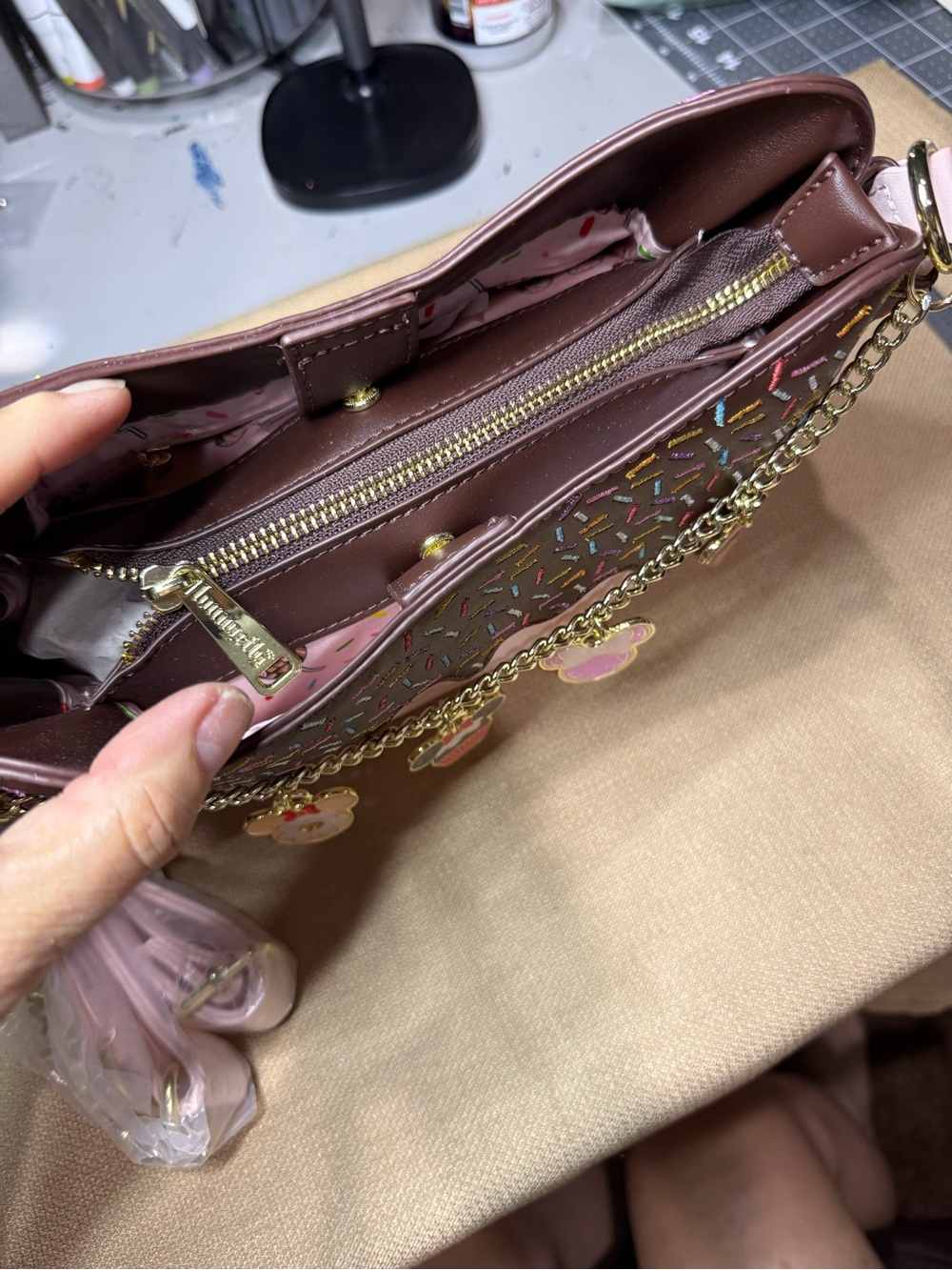 Loungefly Pink & Brown Minnie Sprinkle Charm Crossbody NWT - Picture 6 of 12